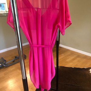 NWOT! Sheer Hot Pink V-Neck Buttons and Tie Cover-up / Kaftan Overlay